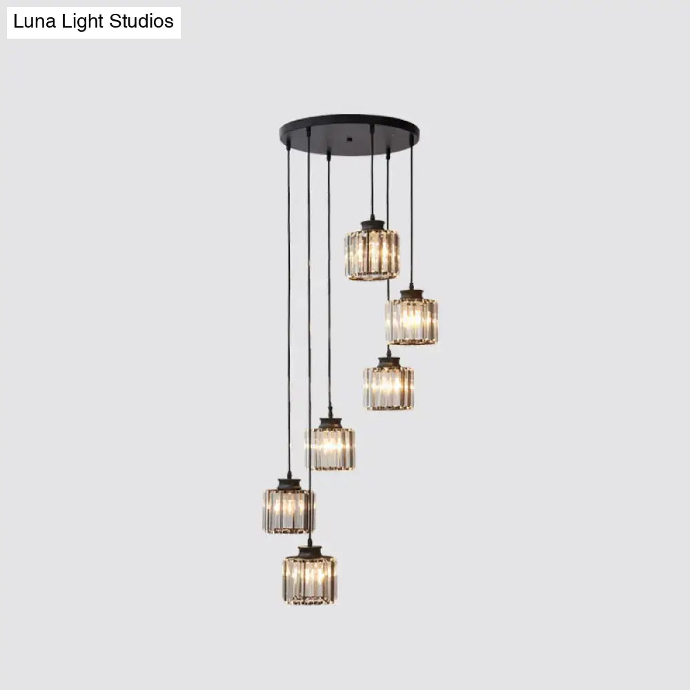 Modern black prismatic crystal cylindrical chandelier stairway light