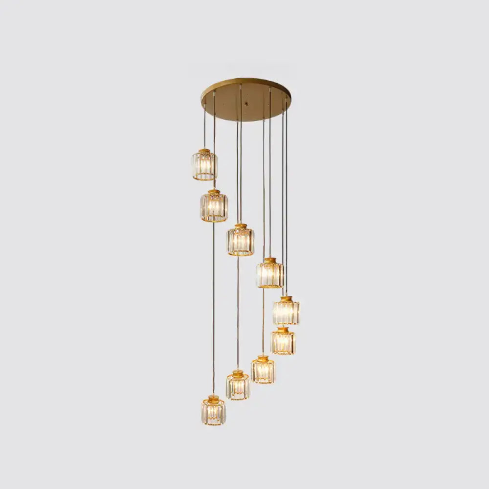Modern black prismatic crystal cylindrical chandelier stairway light