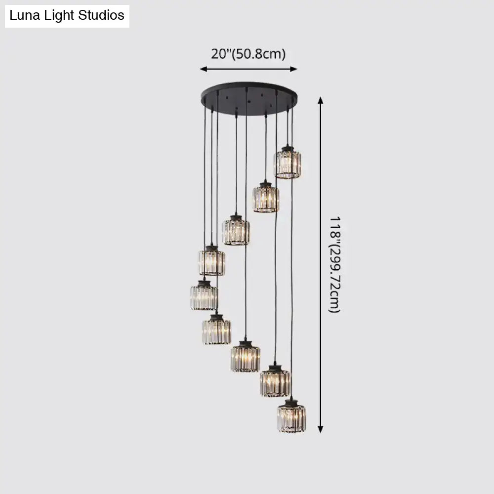 Modern black prismatic crystal cylindrical chandelier stairway light