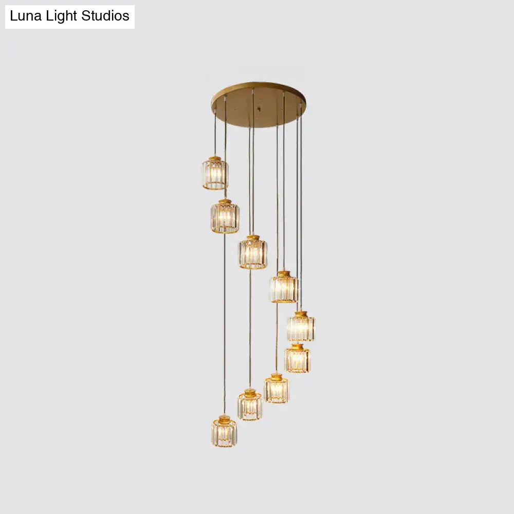 Modern black prismatic crystal cylindrical chandelier stairway light