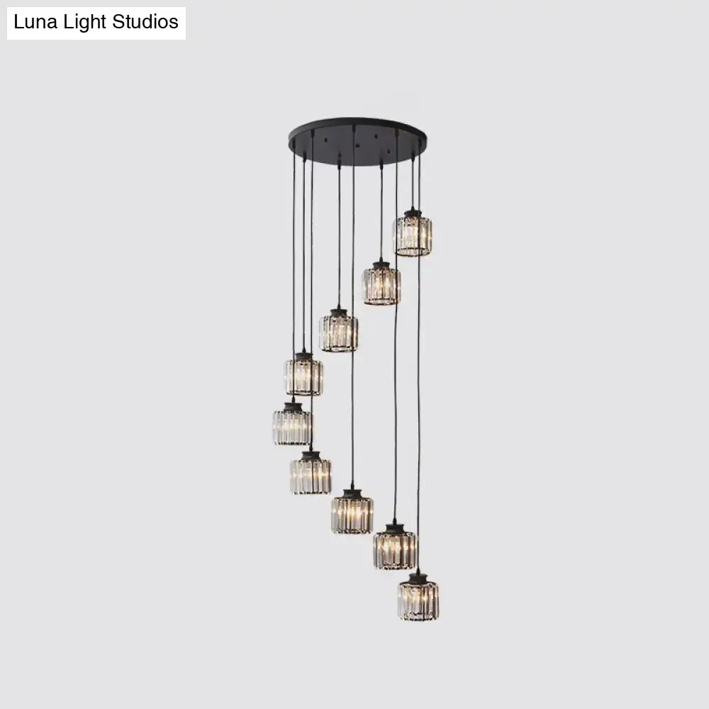 Modern black prismatic crystal cylindrical chandelier stairway light