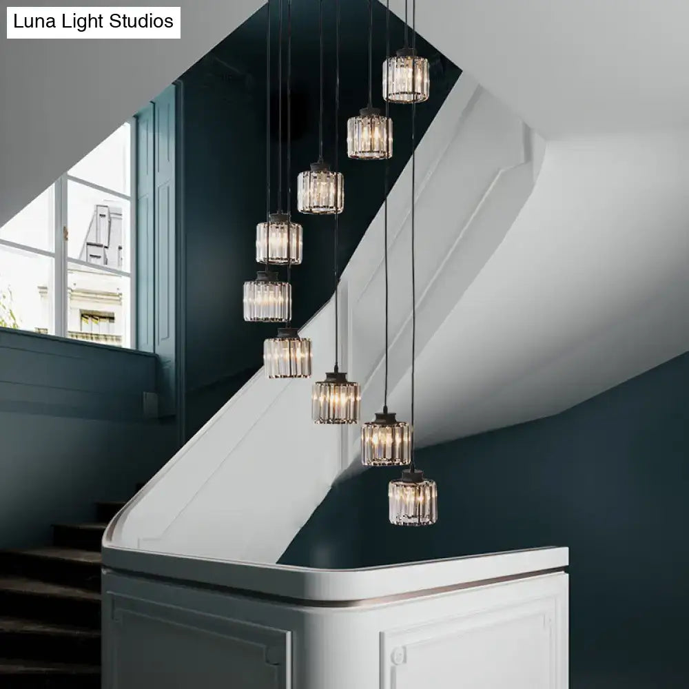 Modern black prismatic crystal cylindrical chandelier stairway light