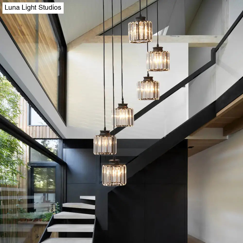 Modern black prismatic crystal cylindrical chandelier stairway light
