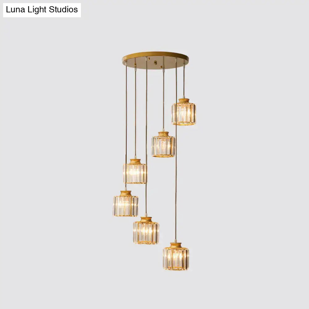 Modern black prismatic crystal cylindrical chandelier stairway light