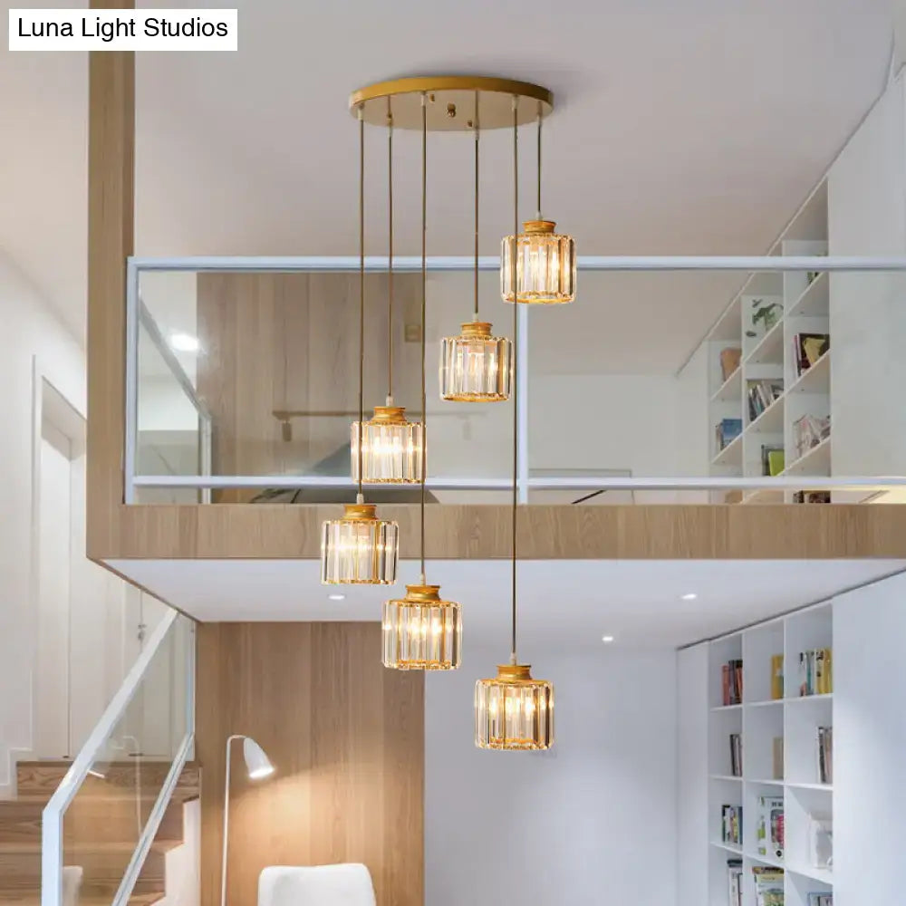 Modern black prismatic crystal cylindrical chandelier stairway light