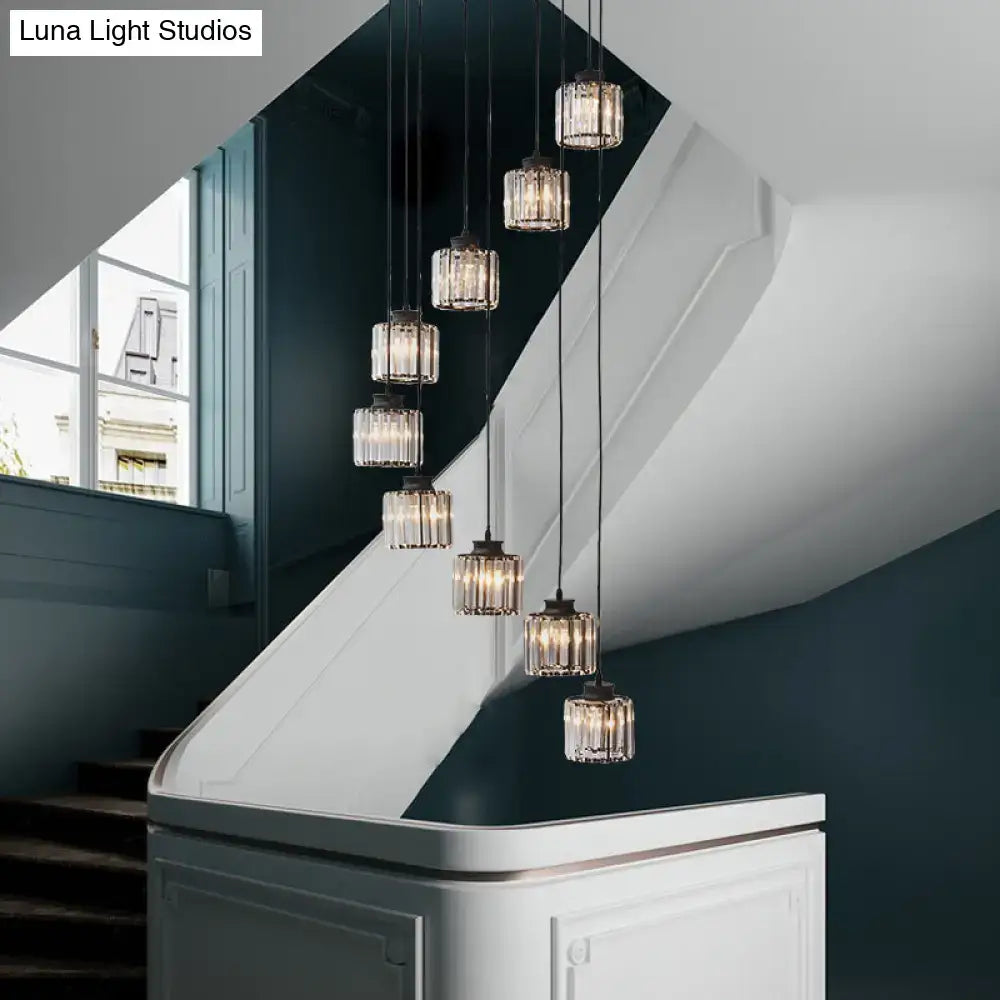 Modern black prismatic crystal cylindrical chandelier stairway light
