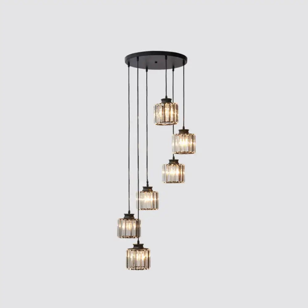 Modern black prismatic crystal cylindrical chandelier stairway light