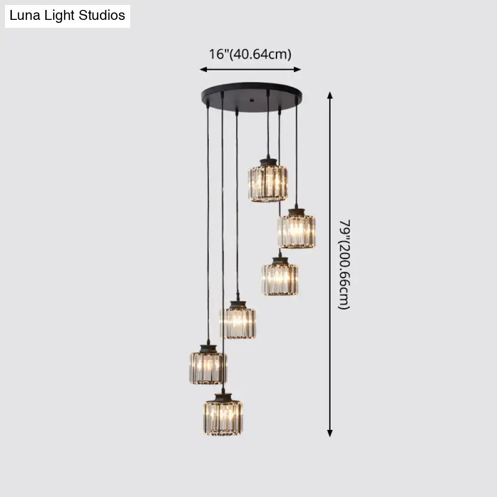 Modern black prismatic crystal cylindrical chandelier stairway light