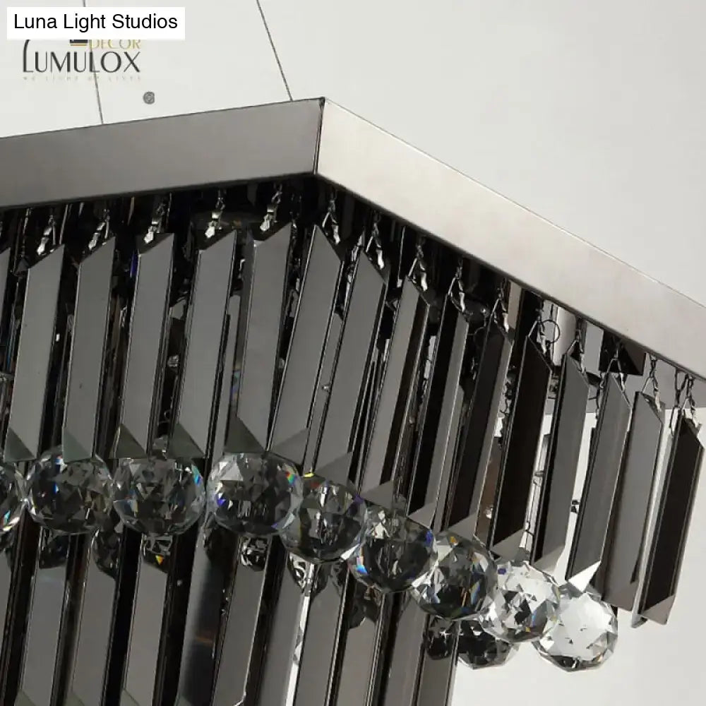 Modern black rectangle crystal chandelier with chrome-finished bars and faceted crystal spheres by DecorBites™ Lamis