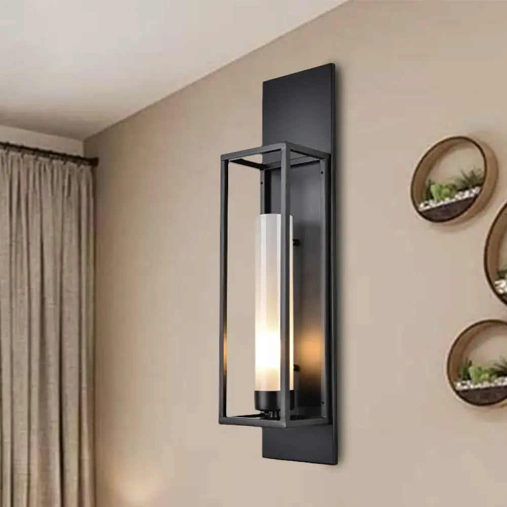 Modern black rectangular wall lamp with glass shade for living room