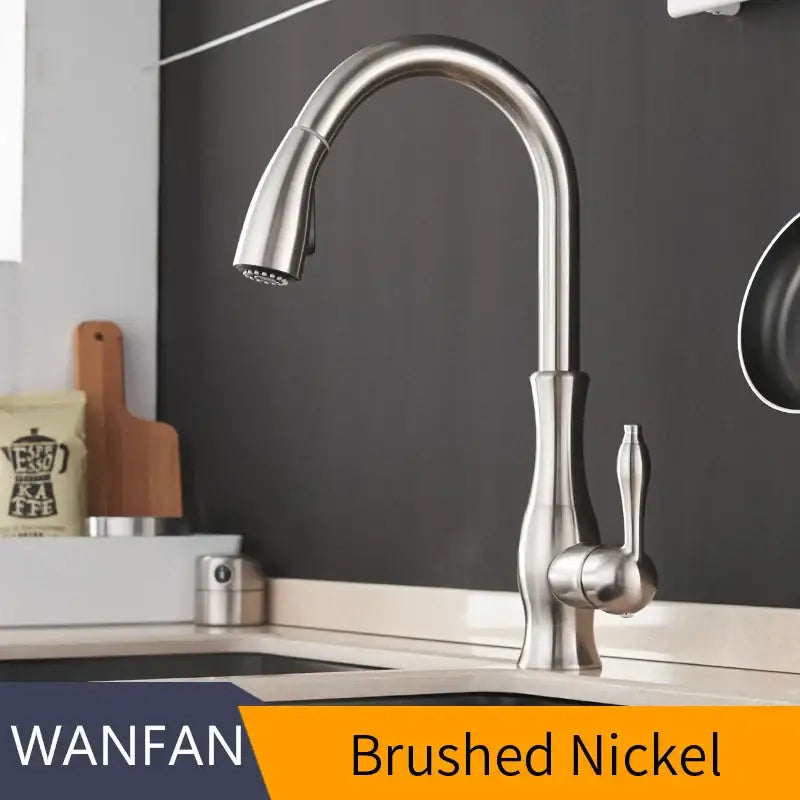 Modern black single handle kitchen faucet with curved swivel spout