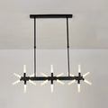 Black metal chandelier with three starburst frosted glass arms part of DecorBites linear acrylic shade ceiling pendant