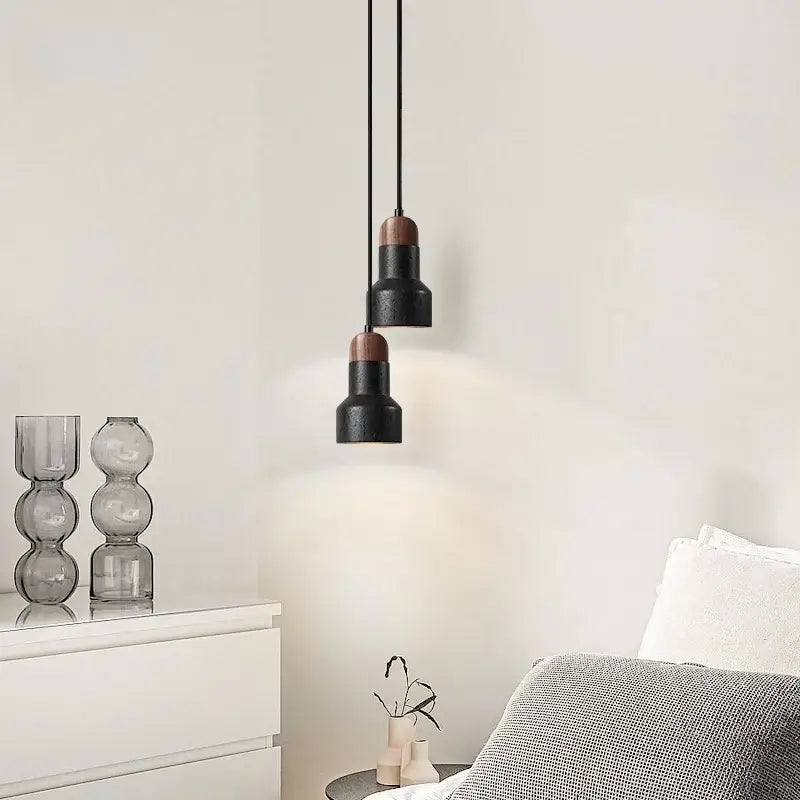 Modern black stone led pendant light kitchen wood top decor