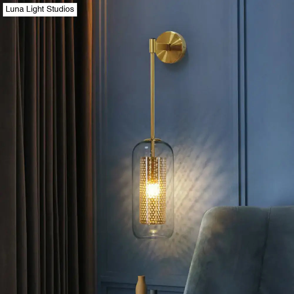 Modern black wall sconce with clear glass and wire mesh stairway light