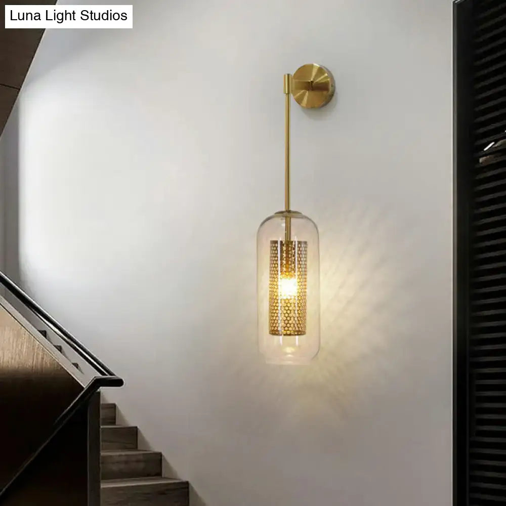 Modern black wall sconce with clear glass and wire mesh stairway light