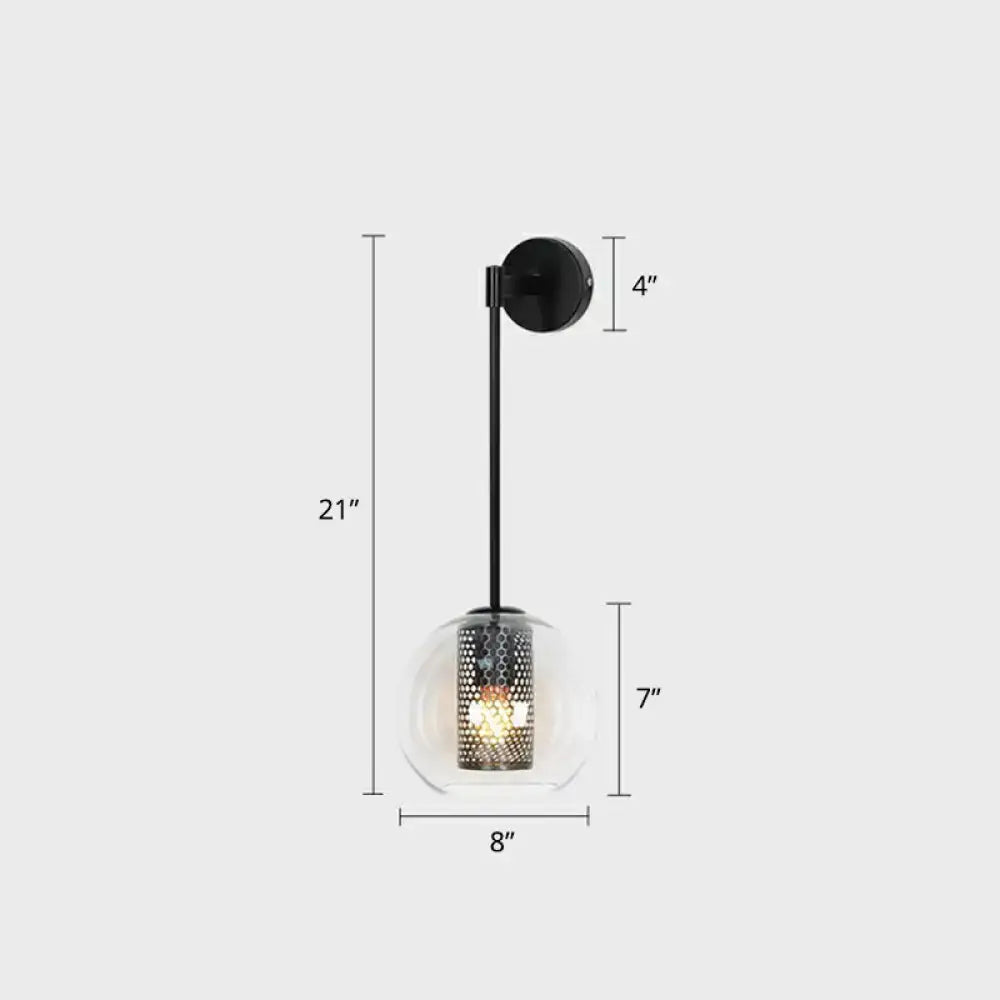 Modern black wall sconce with clear glass and wire mesh stairway light