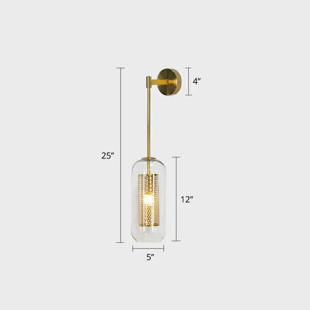 Modern black wall sconce with clear glass and wire mesh stairway light