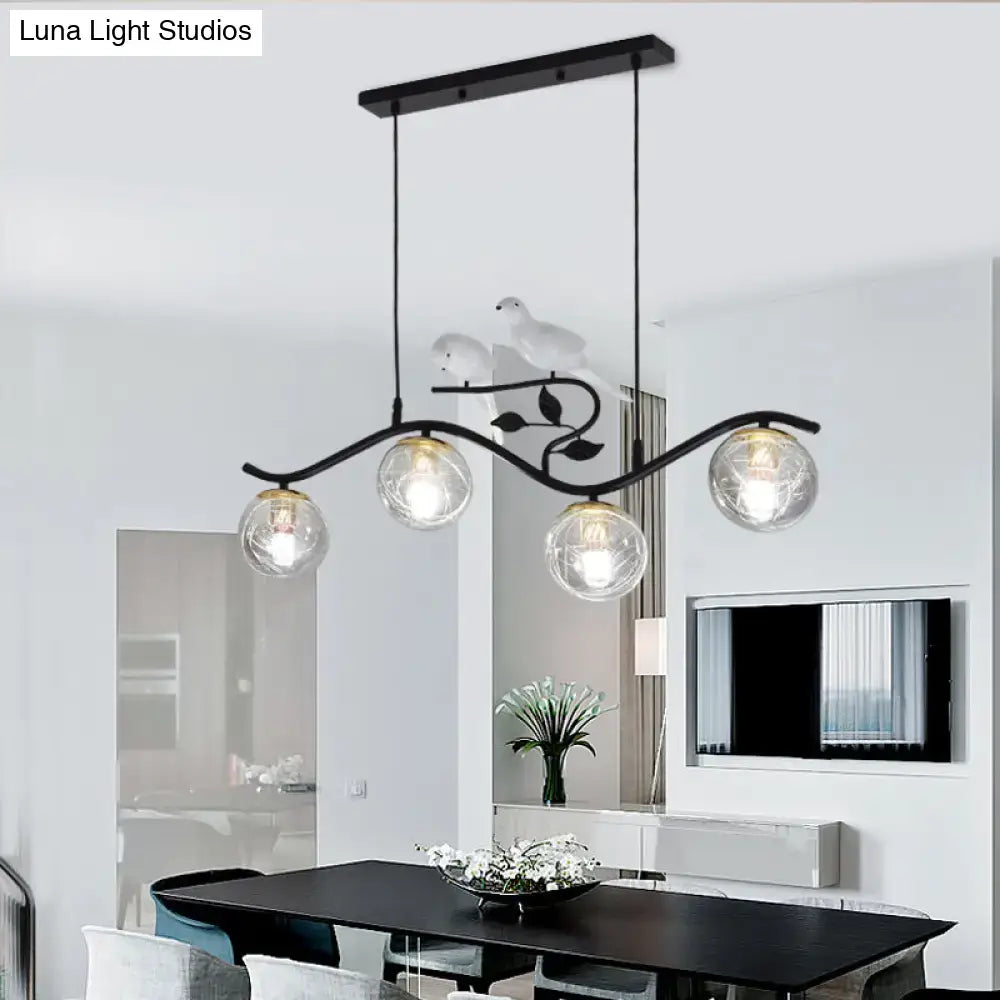 Modern black wavy branch 4-light dining room hanging lamp bird deco