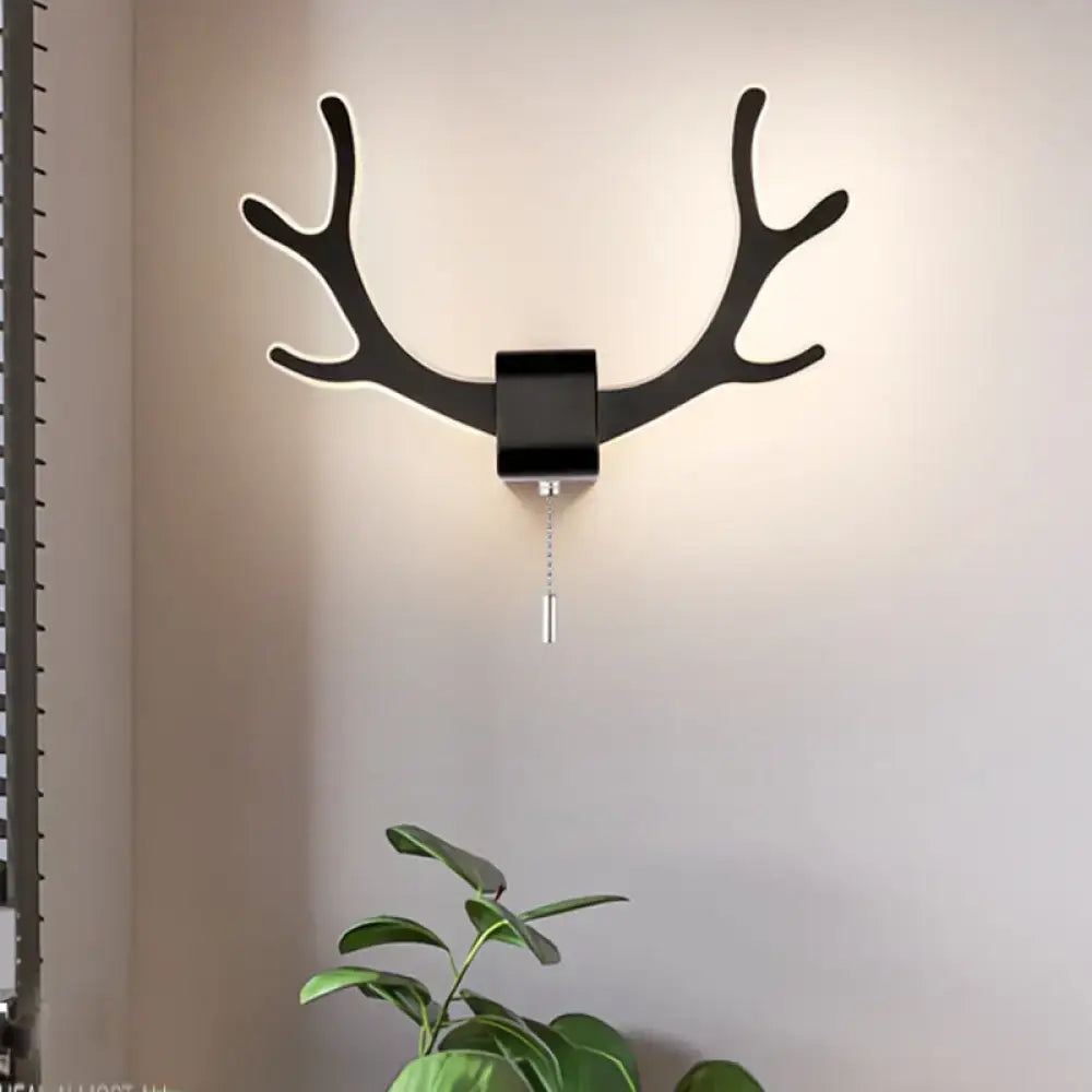 Modern black & white antler wall sconce bedroom pull chain light