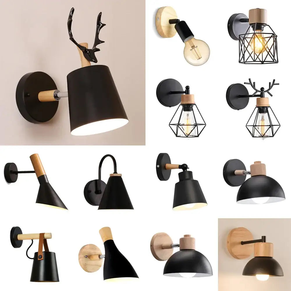 Modern black wooden wall light living room antler sconce