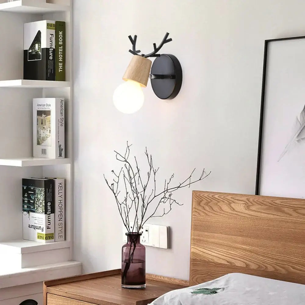 Modern black wooden wall light living room antler sconce