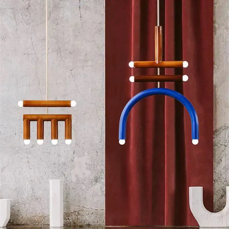 Modern blue and wood pendant lamp for dining room