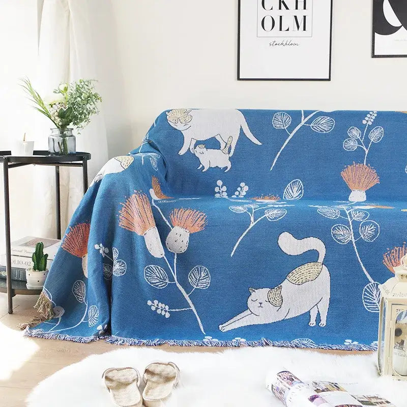 Modern blue cartoon cat woven blanket living room sofa cover