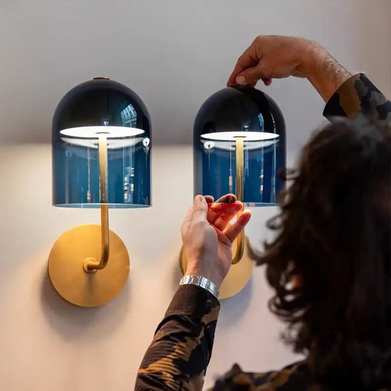 Modern blue glass dome wall sconce lamp – bedroom gold base light