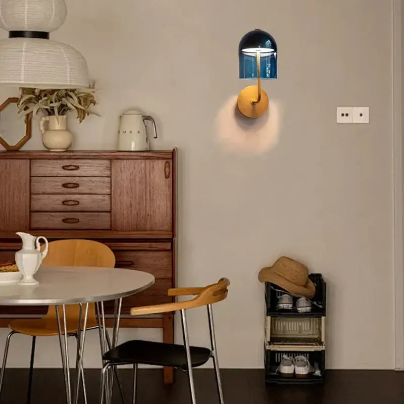 Modern blue glass dome wall sconce lamp – bedroom gold base light