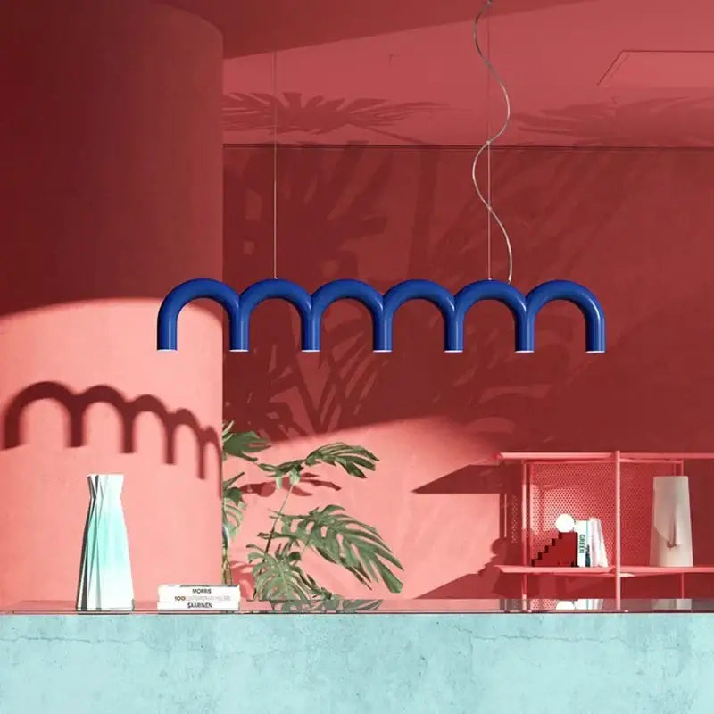 Modern blue metal arch chandelier – kitchen pendant light