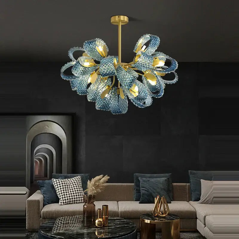Modern blue queen crystal glass petal chandelier for bedroom