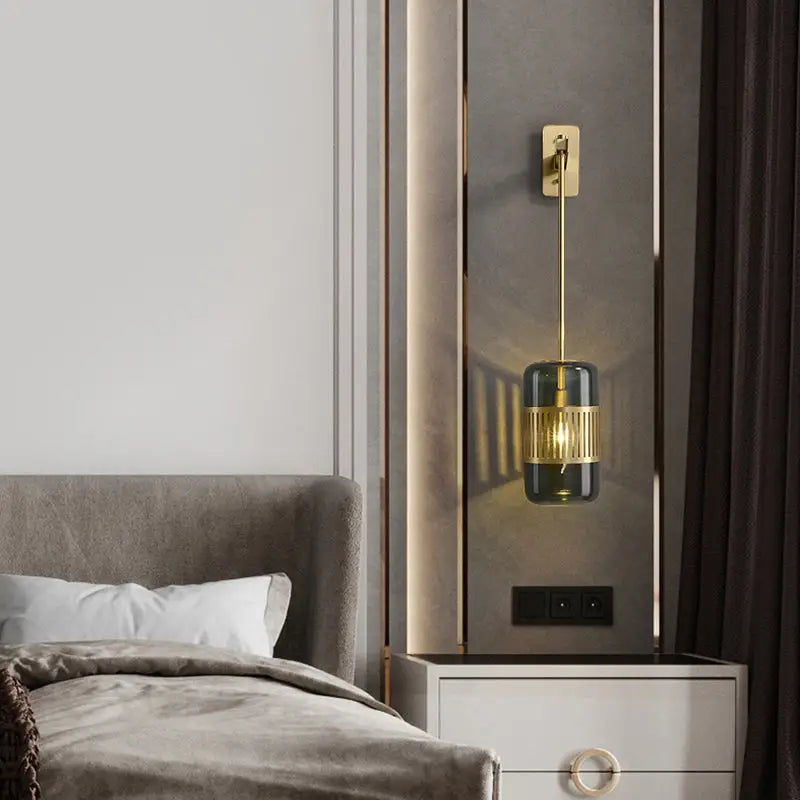 Modern brass and amber glass wall sconce – bedroom modern wall light