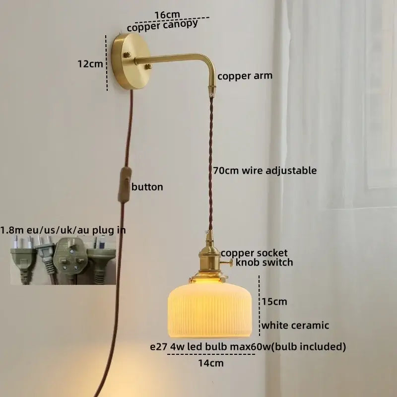 Modern brass and ceramic copper led wall lamp bedroom sconce