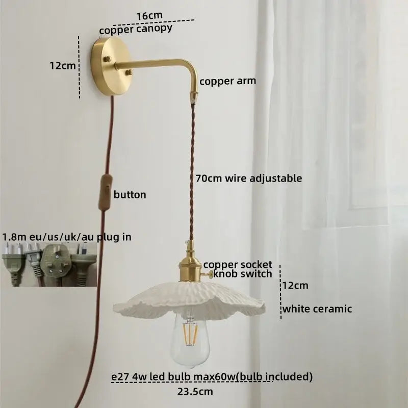 Modern brass and ceramic copper led wall lamp bedroom sconce
