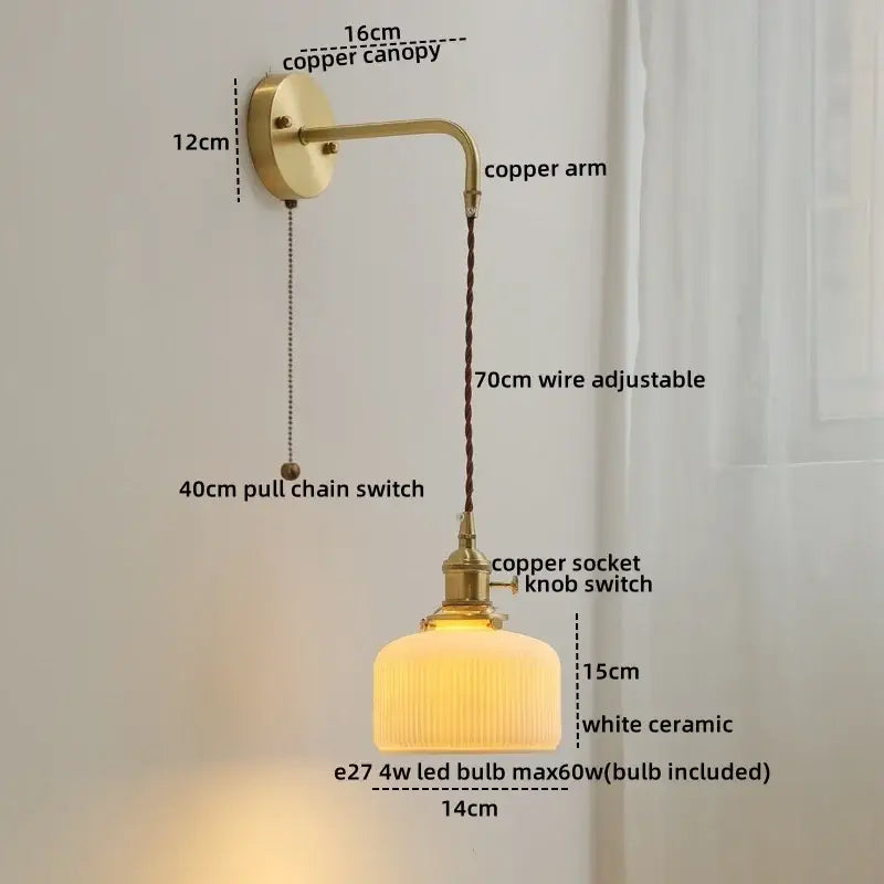 Modern brass and ceramic copper led wall lamp bedroom sconce
