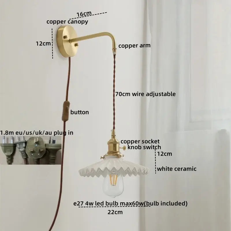 Modern brass and ceramic copper led wall lamp bedroom sconce