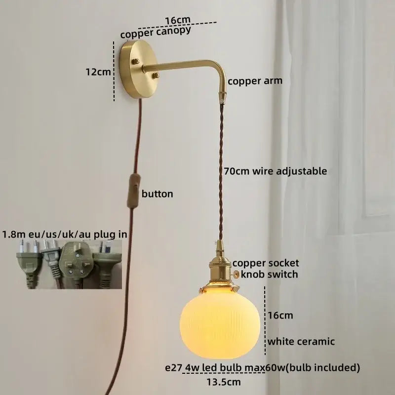 Modern brass and ceramic copper led wall lamp bedroom sconce