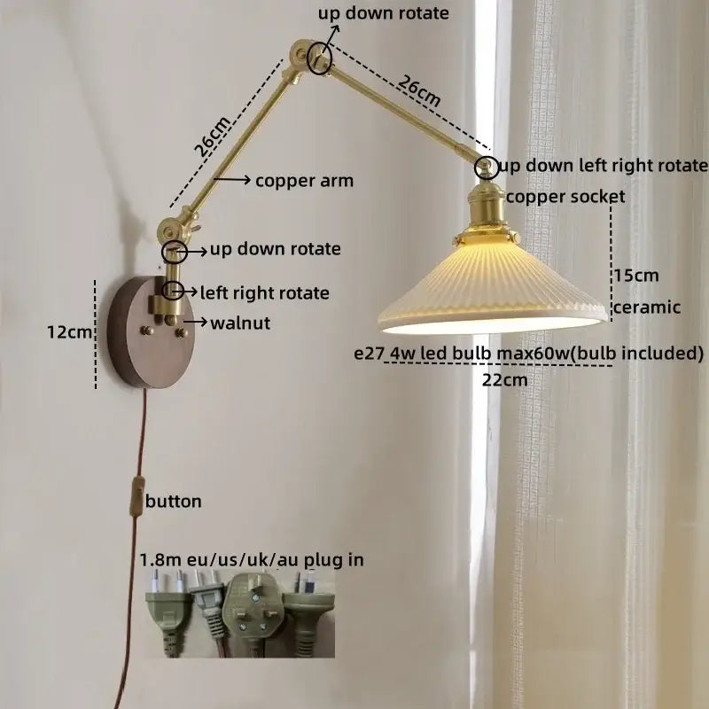 Modern brass and ceramic walnut led wall lights for bedroom living room