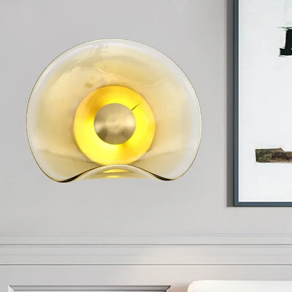 Modern brass and tan glass wall light fixture bedroom sconce