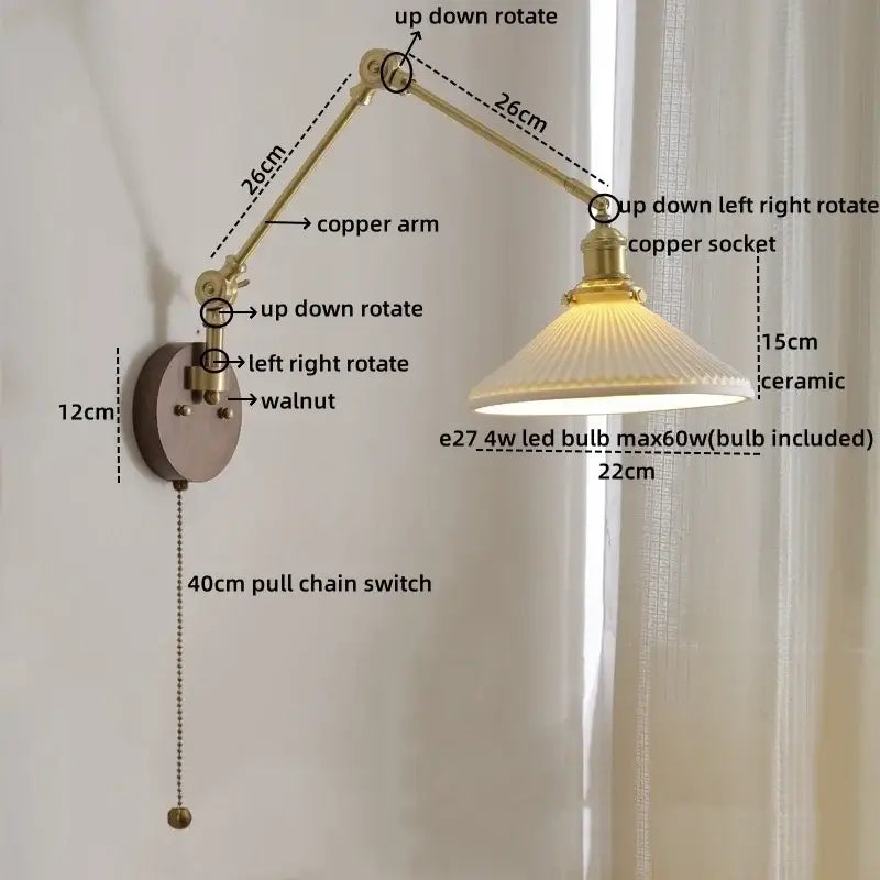 Modern brass and wood wall light bedroom glass reading lamp