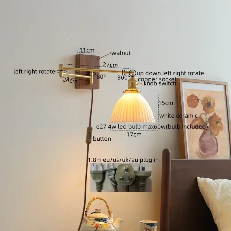 Modern brass and wood wall light bedroom glass reading lamp