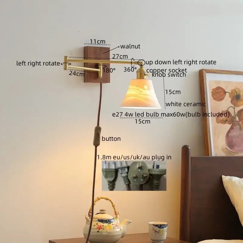 Modern brass and wood wall light bedroom glass reading lamp
