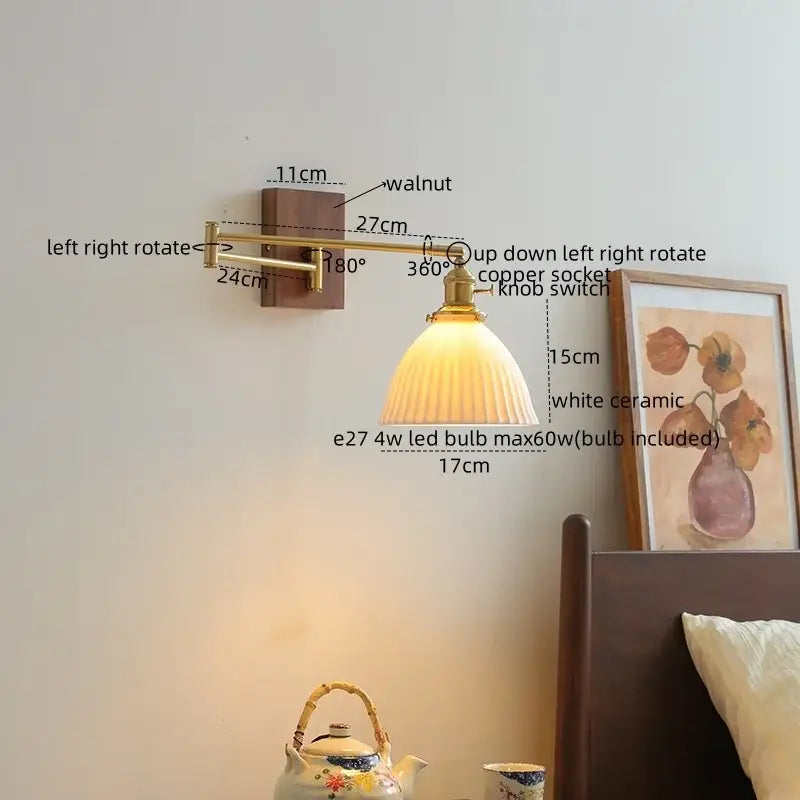 Modern brass and wood wall light bedroom glass reading lamp