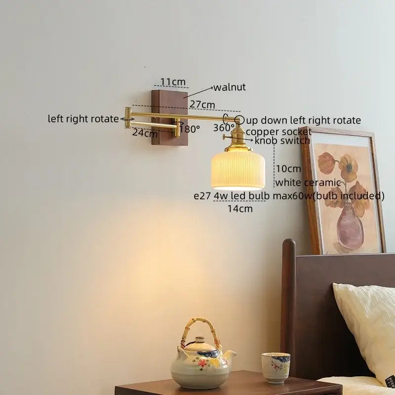 Modern brass and wood wall light bedroom glass reading lamp