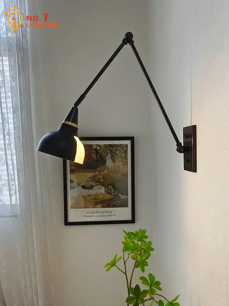 Modern brass black swing arm wall lamp bedroom sconce with white shade