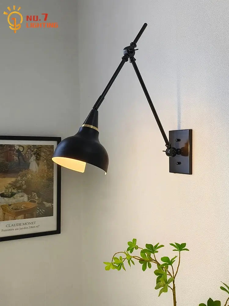 Modern brass black swing arm wall lamp bedroom sconce with white shade
