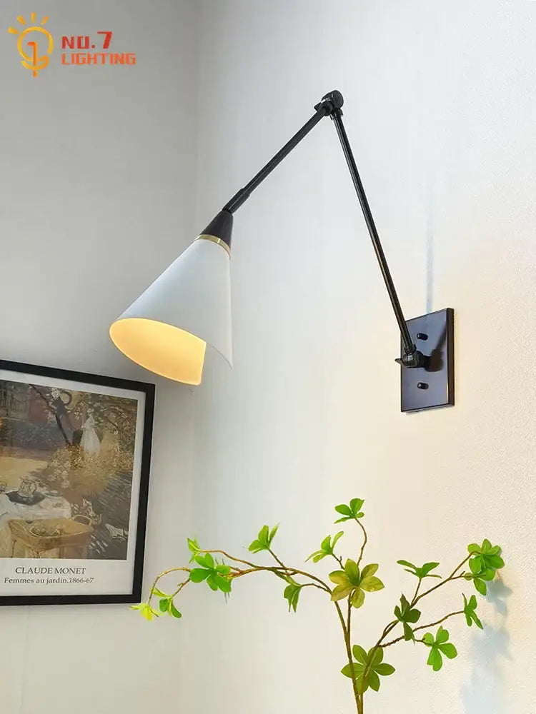 Modern brass black swing arm wall lamp bedroom sconce with white shade