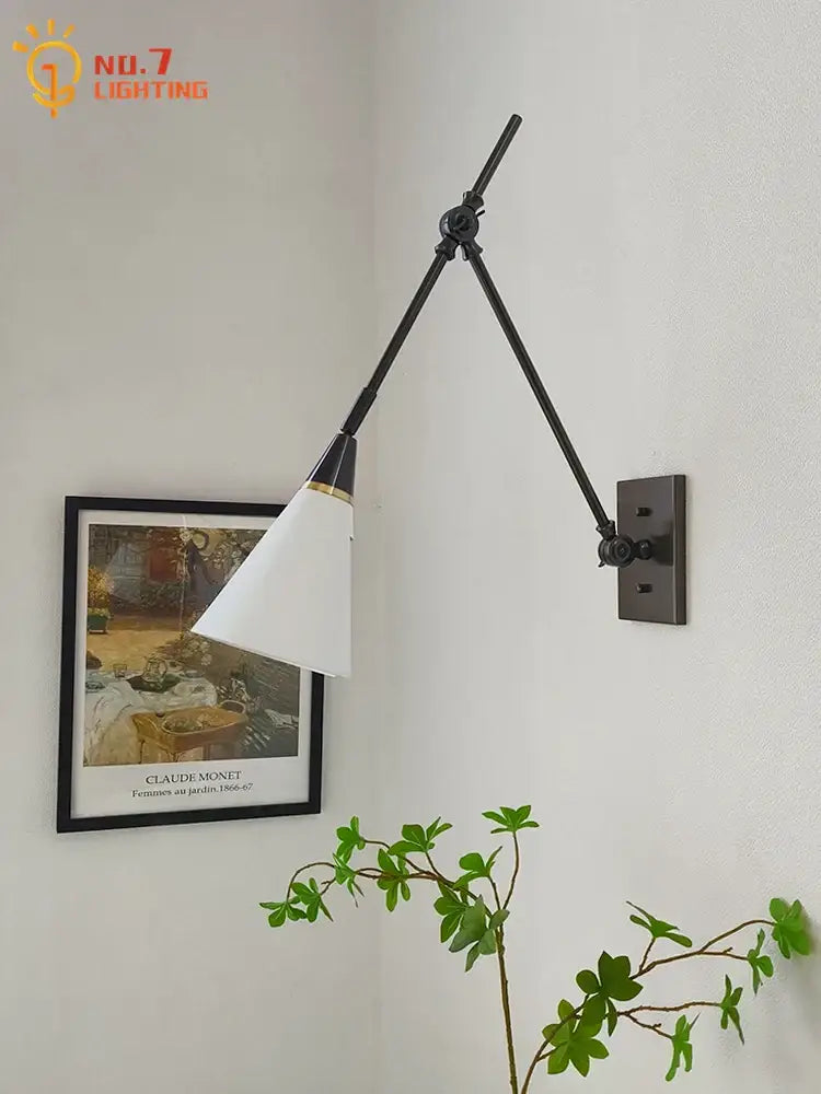 Modern brass black swing arm wall lamp bedroom sconce with white shade