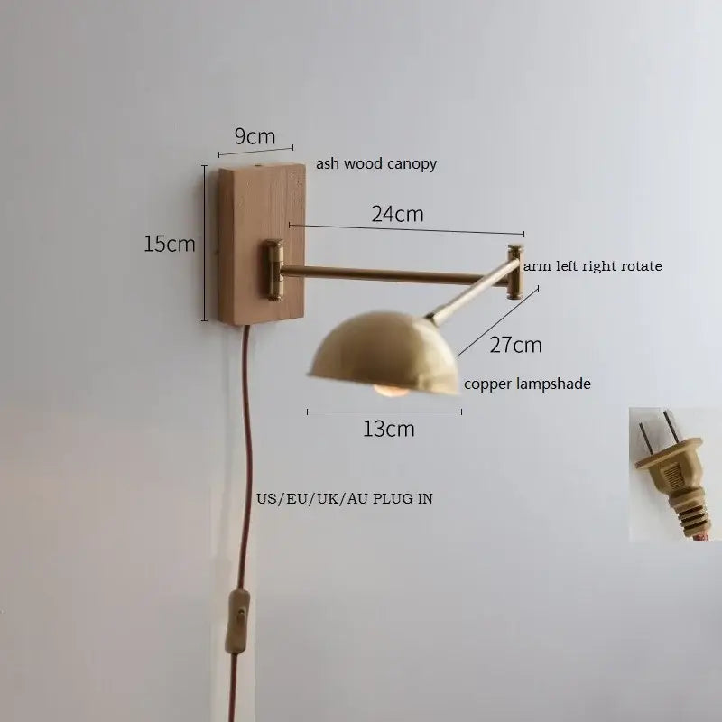 Modern brass canopy led wall light bedroom pull chain switch