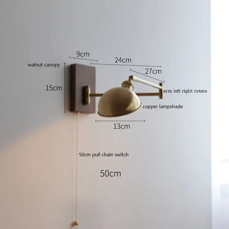 Modern brass canopy led wall light bedroom pull chain switch